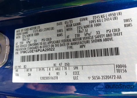 2023 Ford Escape Phev z USA, uszkodzony, nr VIN 1FMCU0E16PUA29522